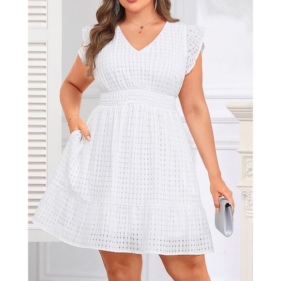 Women's Plus Size Cocktail Dress V-Neck Flutter Sleeves A-Line Pockets - Picture 6 of 6